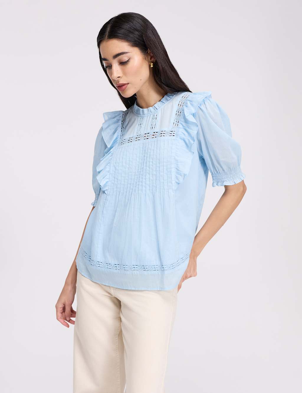Finery London Women's Pure Cotton Frill Detail Puff Sleeve Top - 14 - Pale Blue - Available at M&S