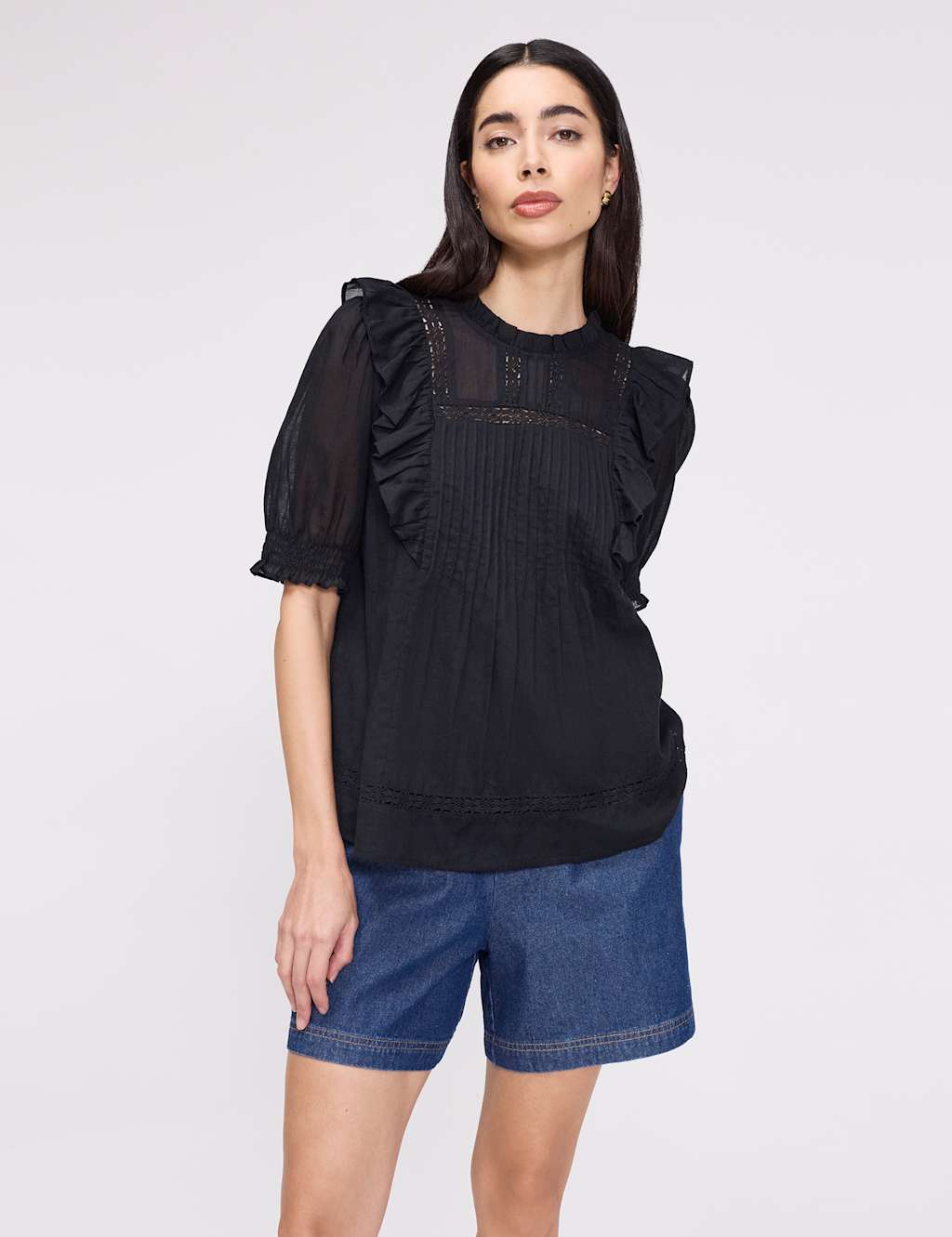 Finery London Women's Pure Cotton Frill Detail Puff Sleeve Top - 18 - Black - Available at M&S