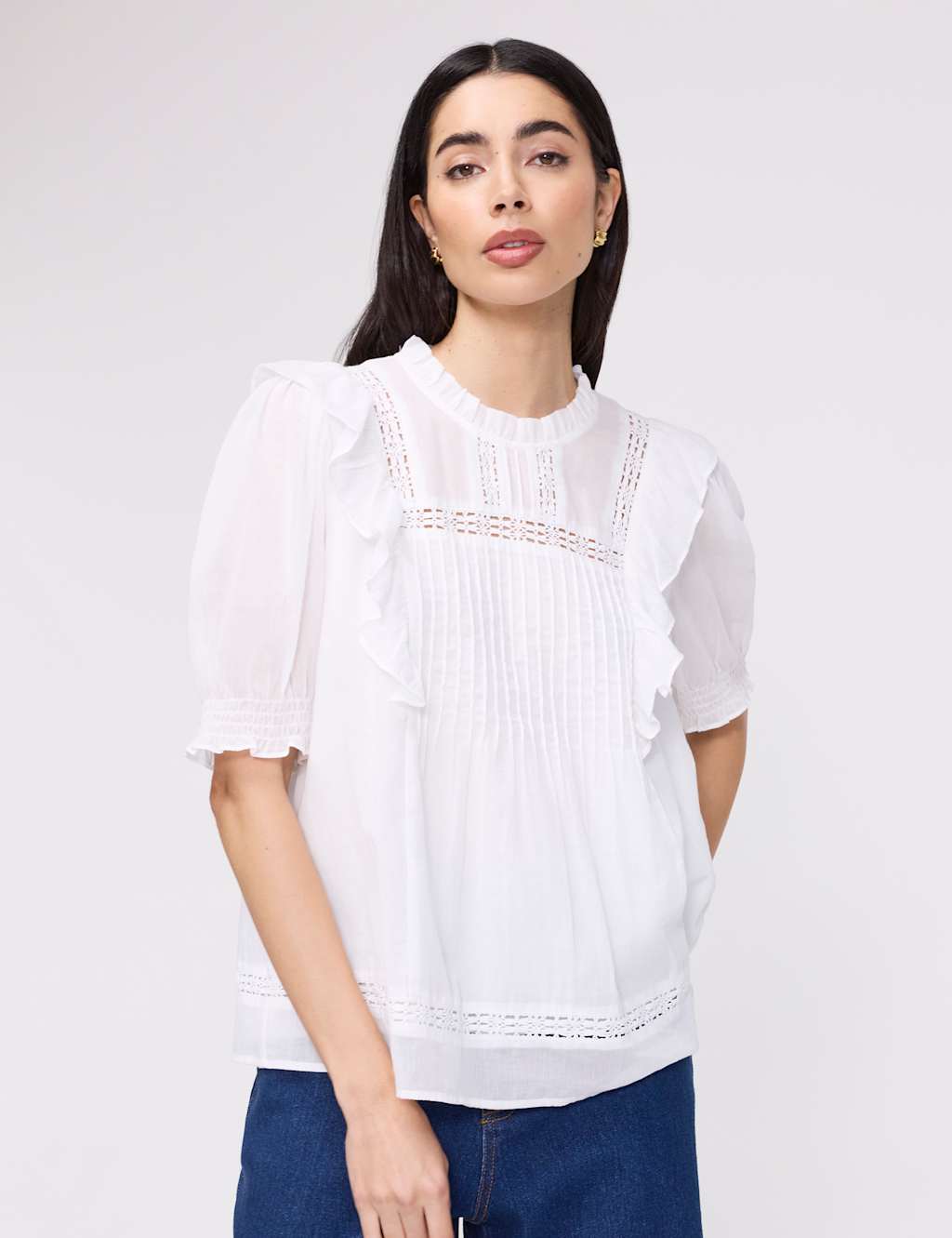 Finery London Women's Pure Cotton Frill Detail Puff Sleeve Top - 20 - White - Available at M&S