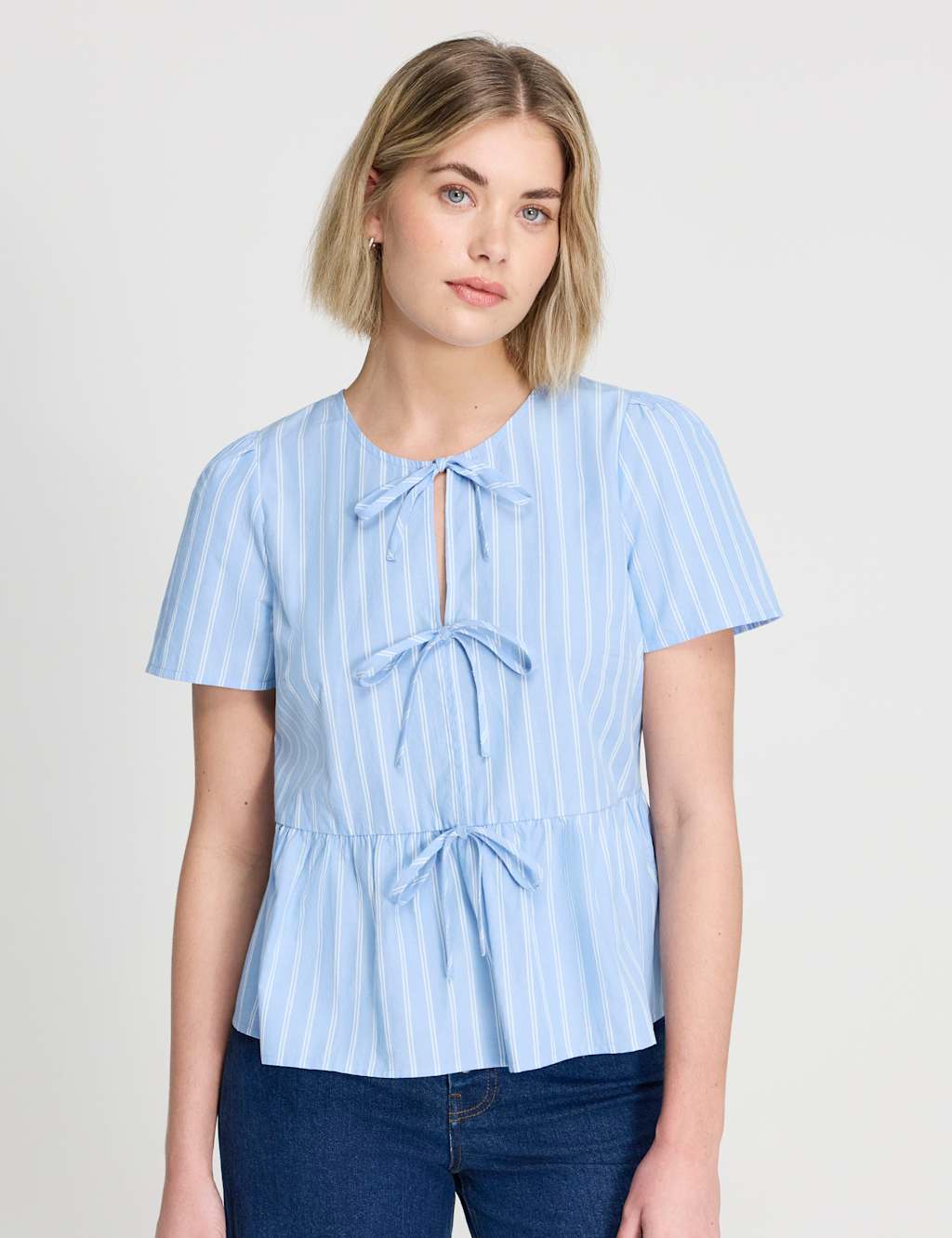 Finery London Women's Pure Cotton Striped Tiered Blouse - 10 - Blue Mix - Available at M&S