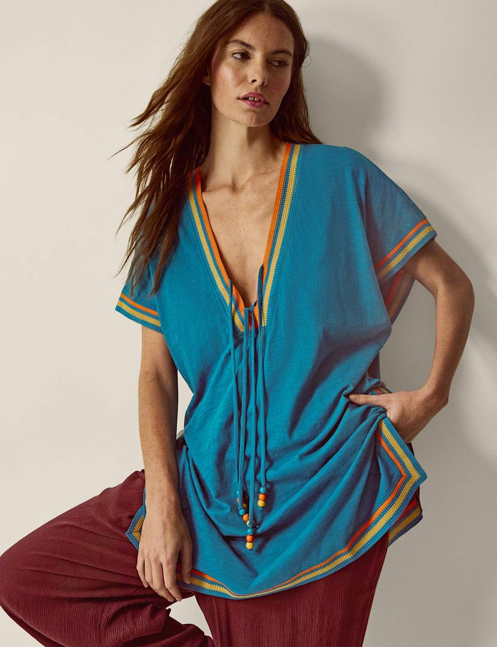 Monsoon Women's Pure Cotton V-Neck Beach Cover Up Kaftan - Medium - Light Blue - Available at M&S