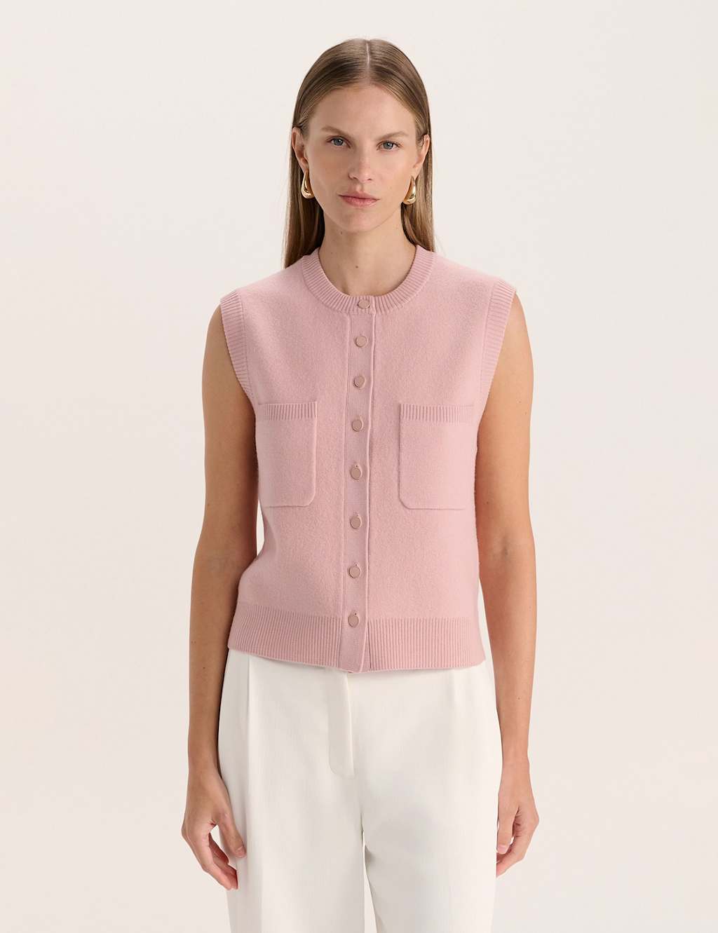 SABA Wool Rich Button Detail Knitted Vest Pink