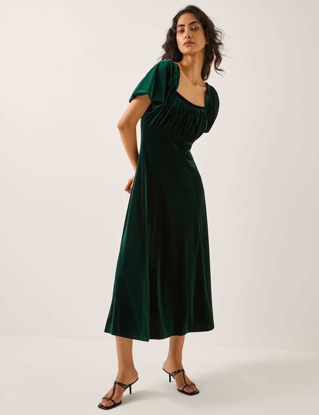 Monsoon Velvet Square Neck Midi Skater Dress Dark Green