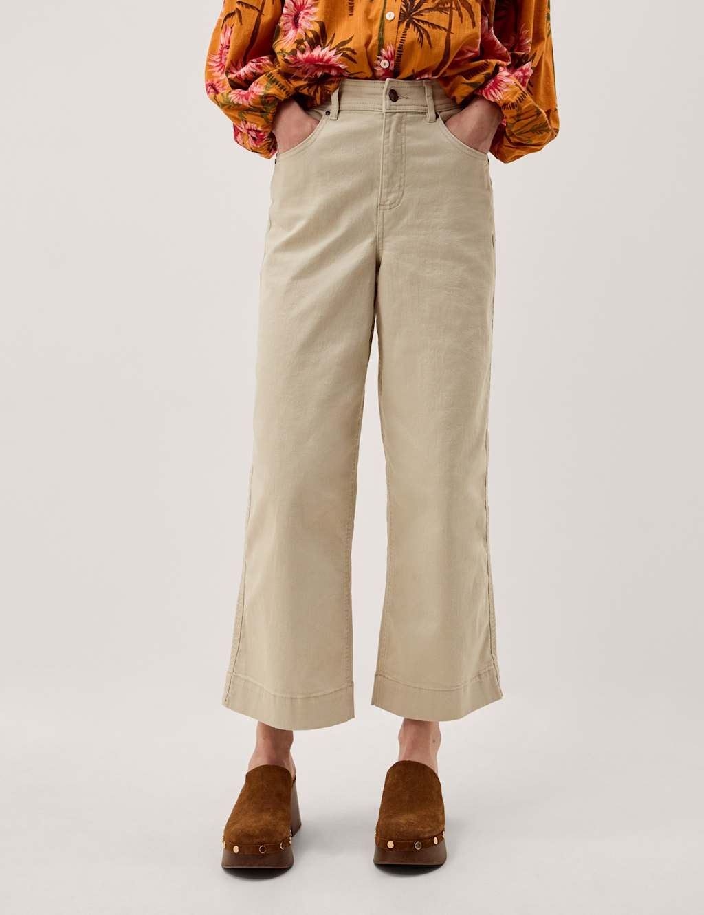 Monsoon Women's High Waisted Regular Wide Leg Cropped Jeans - 10 - Ecru - Available at M&S