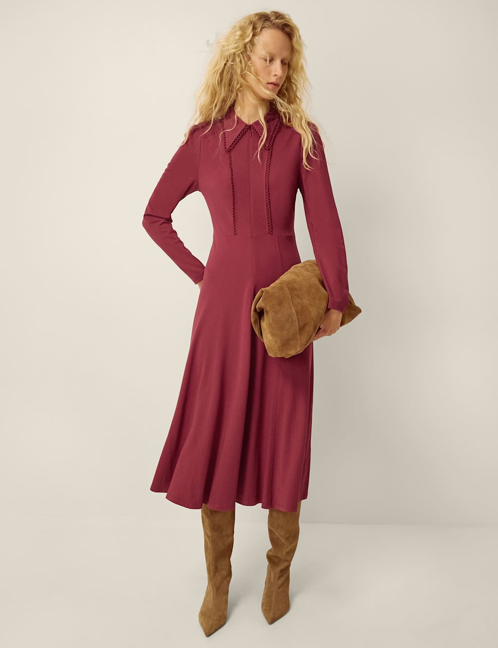 Monsoon Women's Jersey Zip Neck Midi Shirt Dress - 12 - Burgundy - Available at M&S