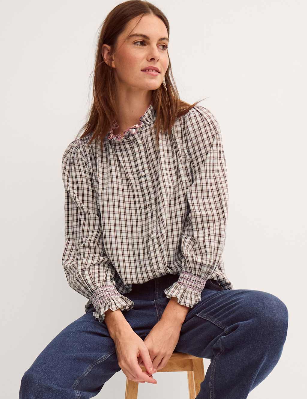 Monsoon Women's Pure Cotton Checked Frill Neck Shirt - Medium - Brown Mix - Available at M&S