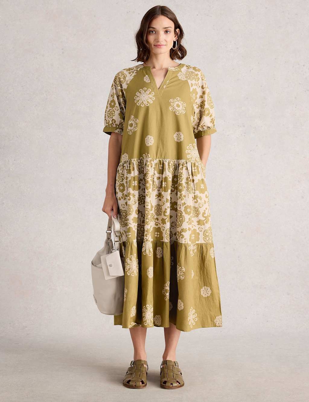 White Stuff Pure Cotton Notch Neck Midi Tiered Dress Green Mix