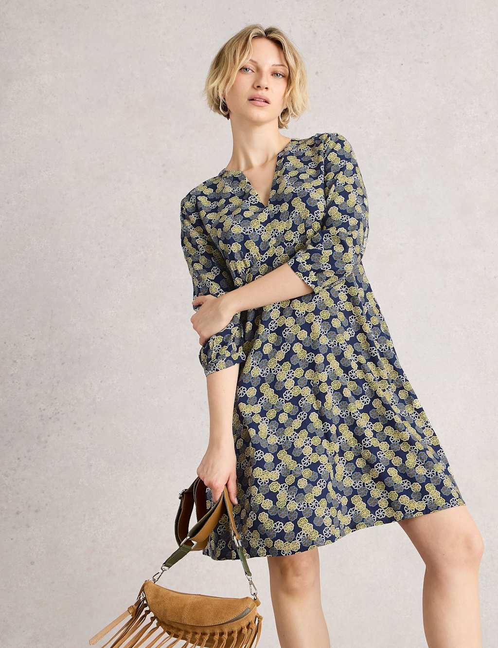 White Stuff Women's Notch Neck Printed Tea Dress - 12 - Navy Mix, Navy Mix