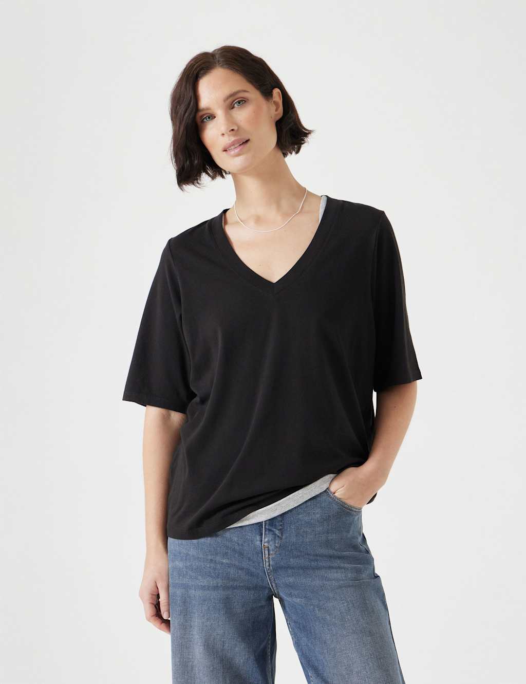 Cotton Rich V-Neck Drapey T-Shirt