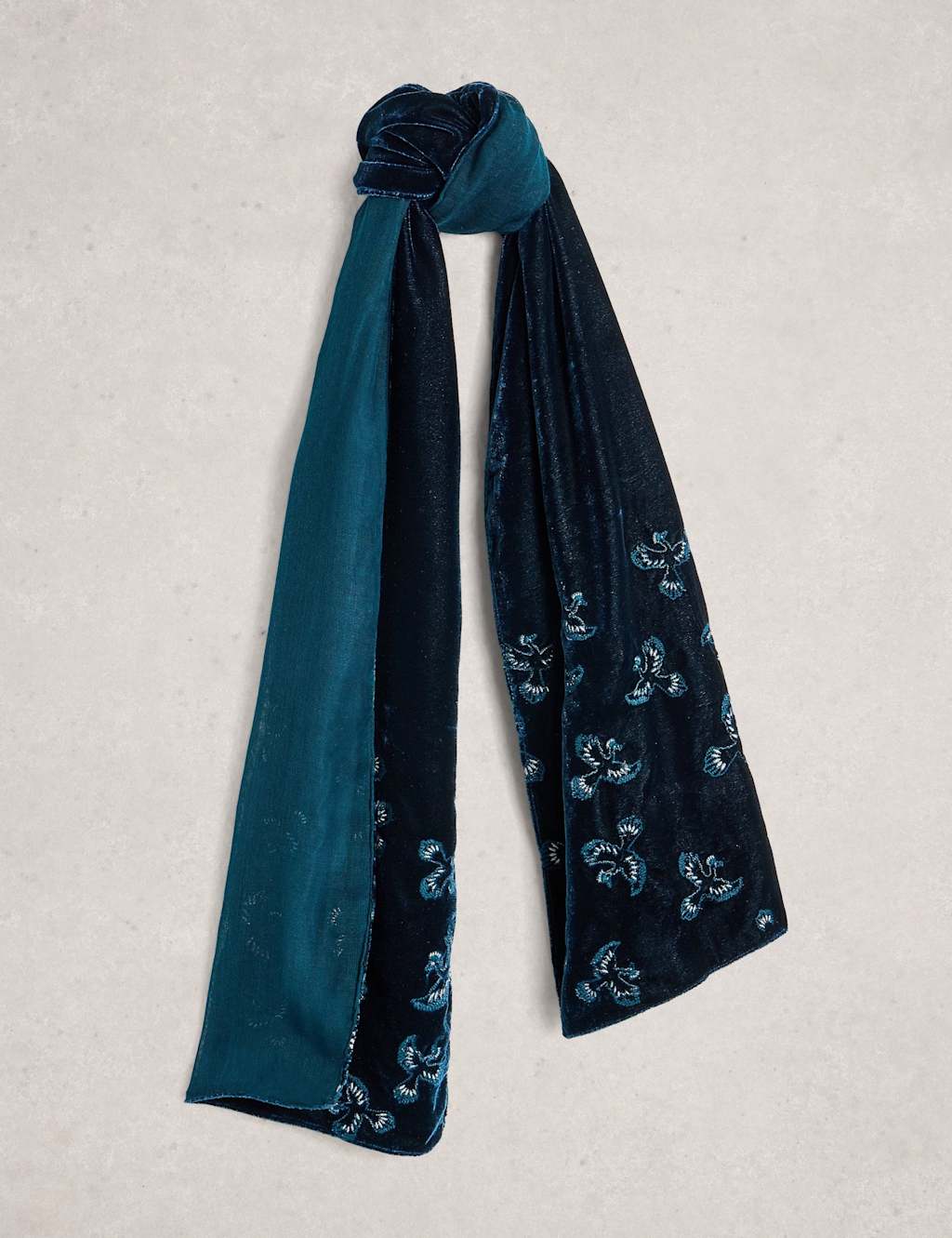 White Stuff Velvet Metallic Embroidered Scarf Teal Mix