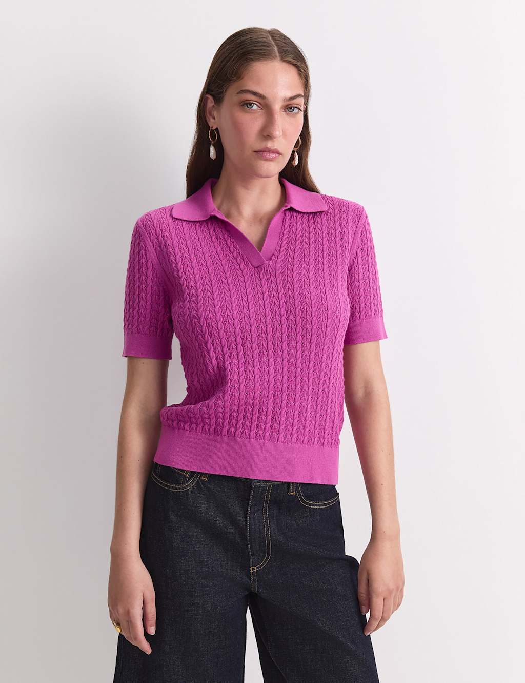 Sportscraft Women's Pure Cotton Pointelle Knitted Polo Top - Medium - Magenta - Available at M&S