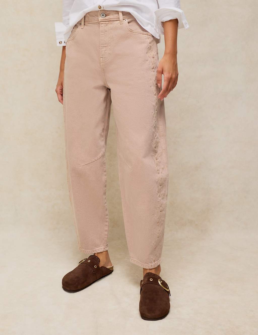 White Stuff Women's Mid Rise Embroidered Barrel Jeans - 10 - Natural - Available at M&S