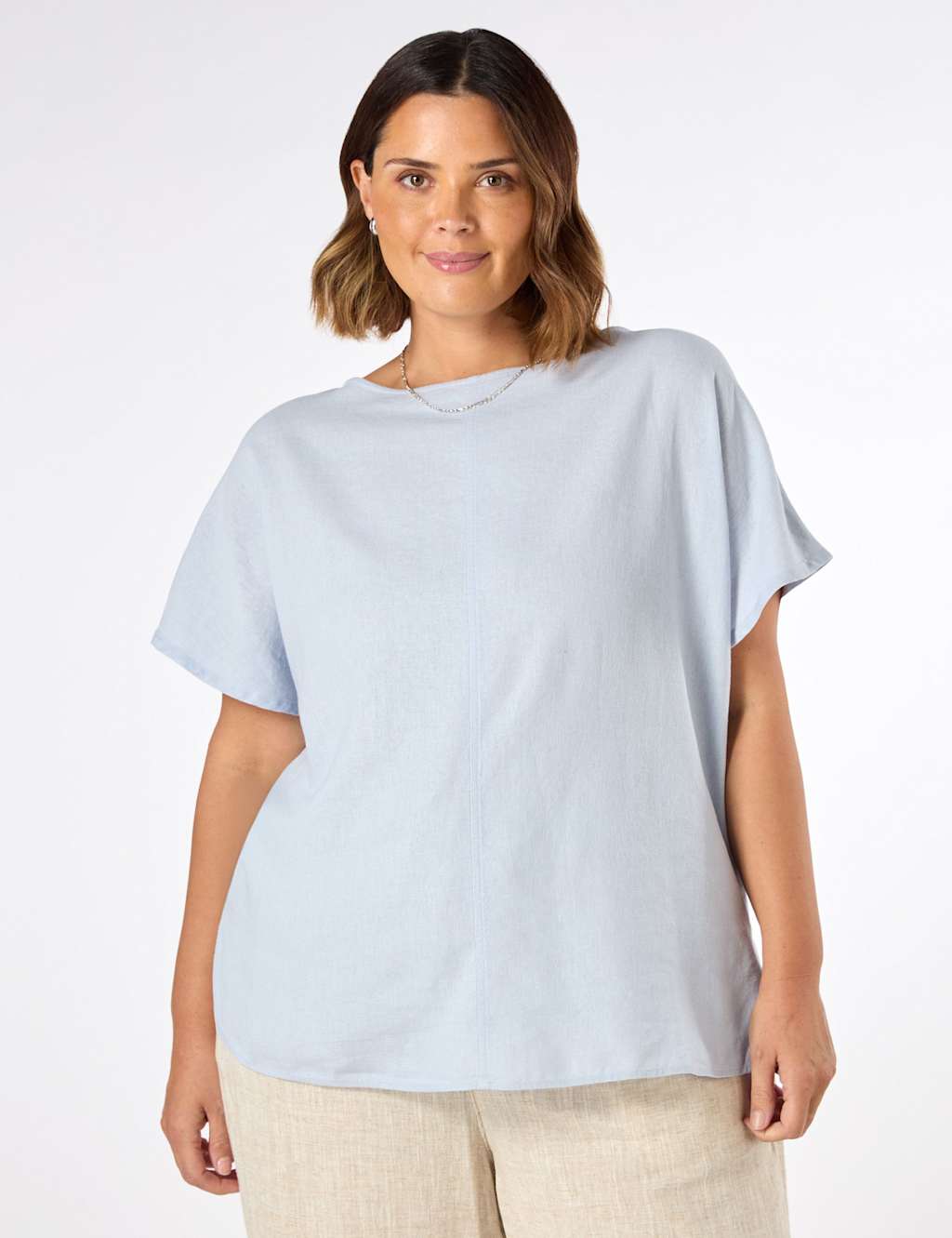 Linen Blend Round Neck Seam Detail T-Shirt