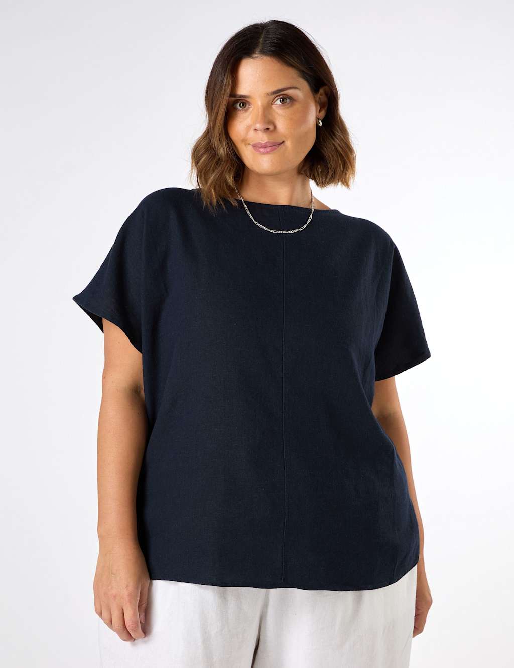 Linen Blend Round Neck Seam Detail T-Shirt