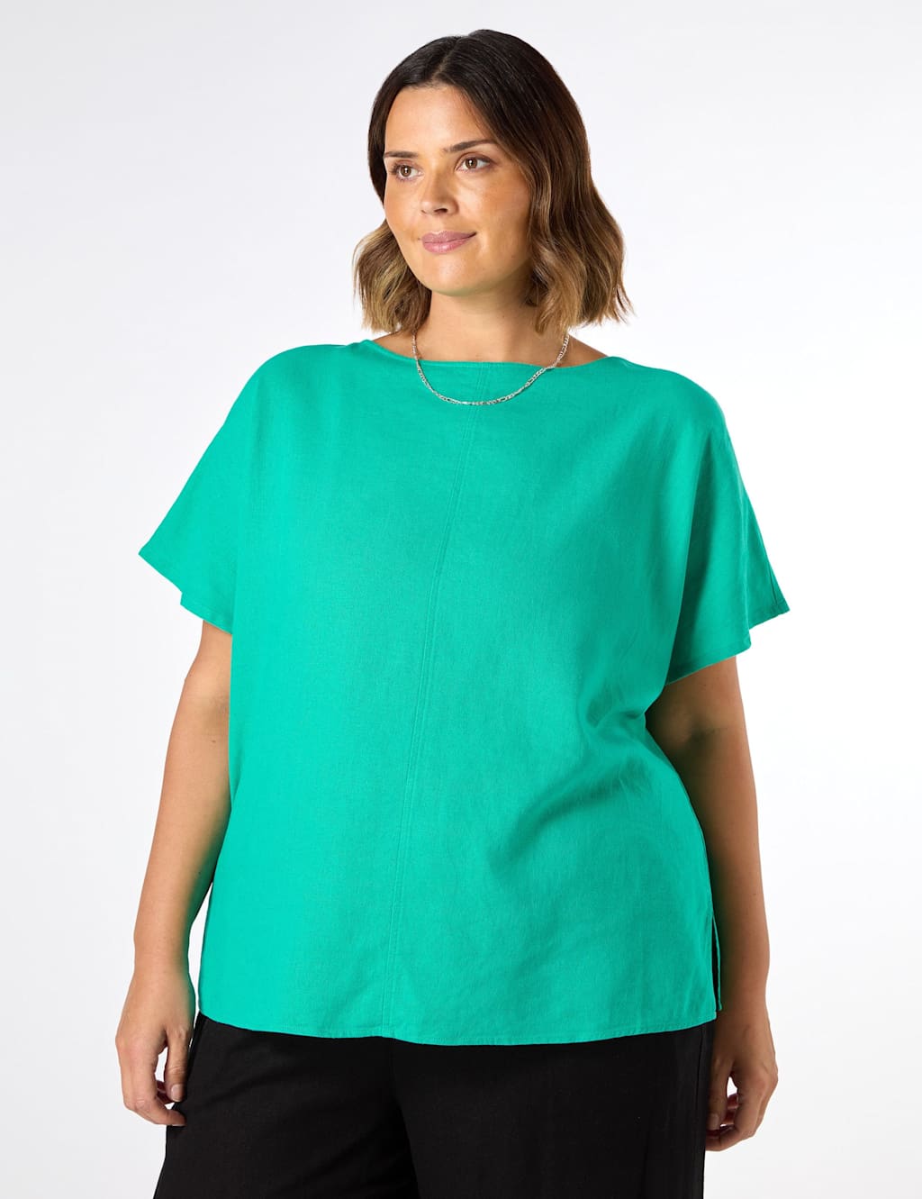 Linen Blend Round Neck Seam Detail T-Shirt