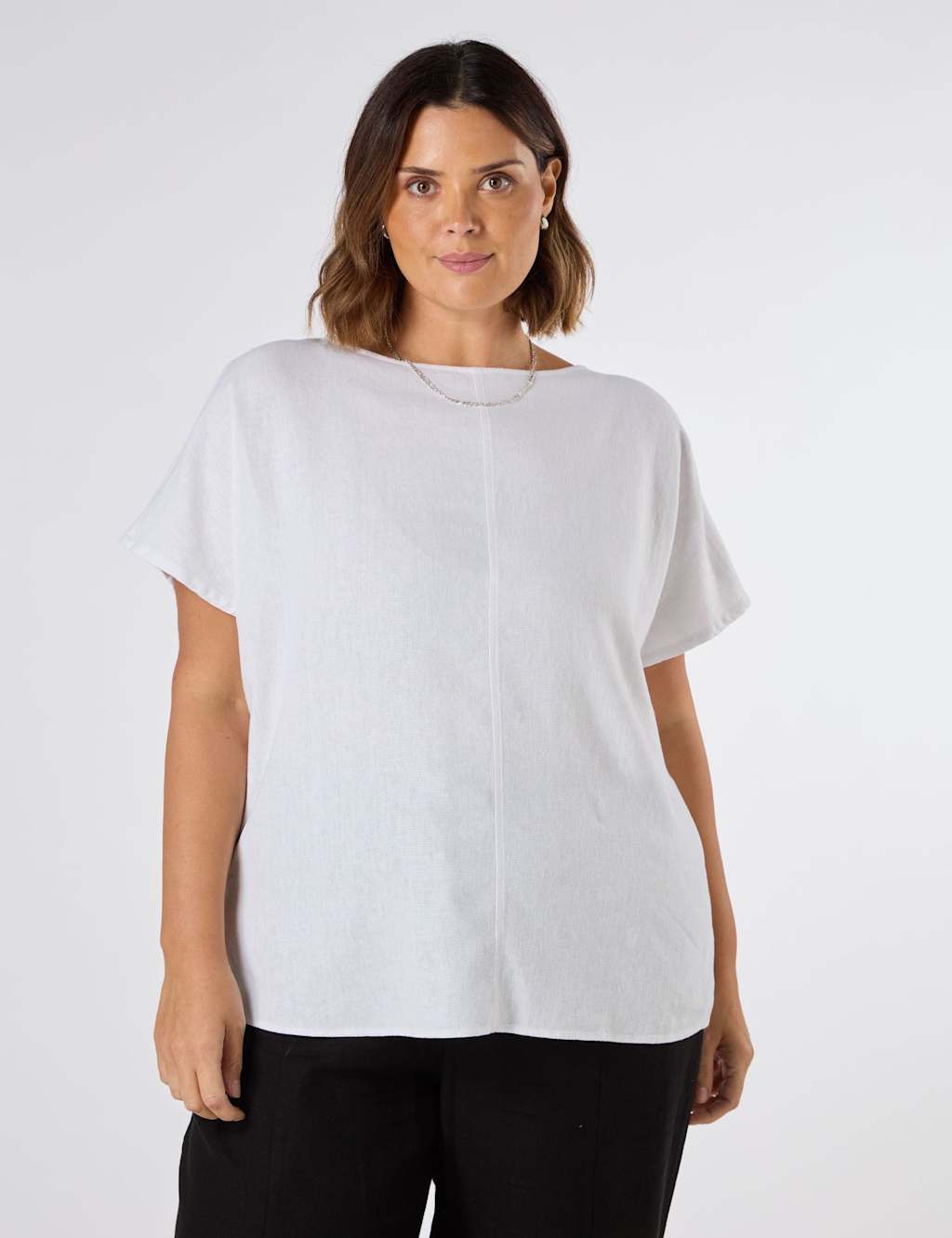 Linen Blend Round Neck Seam Detail T-Shirt