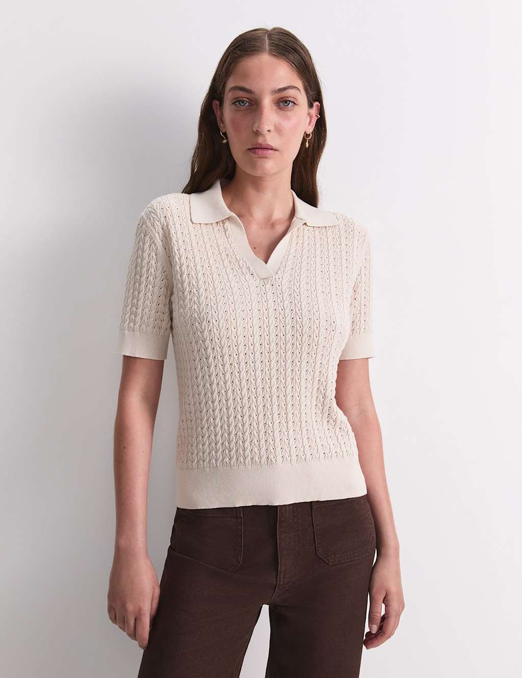 Sportscraft Women's Pure Cotton Pointelle Knitted Polo Top - Small - Cream - Available at M&S
