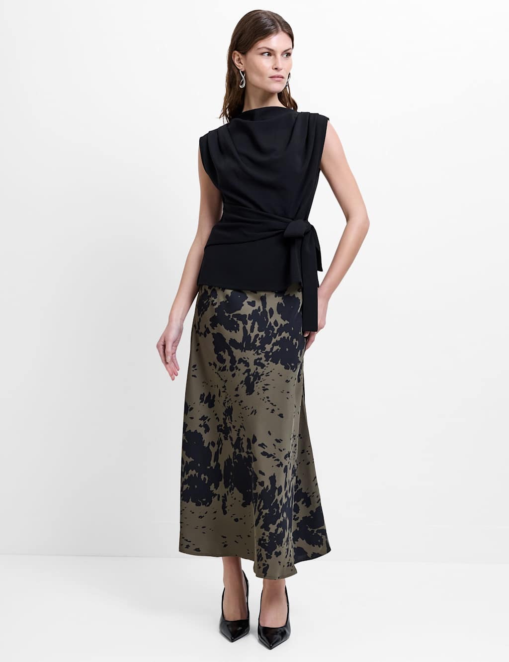 French Connection Women's Printed Midi Slip Skirt - 6 - Khaki Mix - Available at M&S