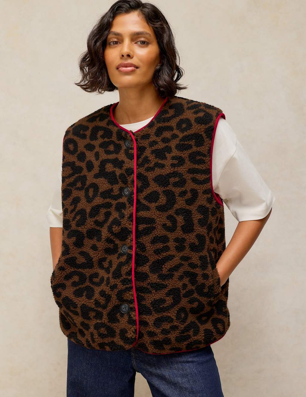 White Stuff Women's Borg Animal Print Gilet - Small - Natural Mix - Available at M&S