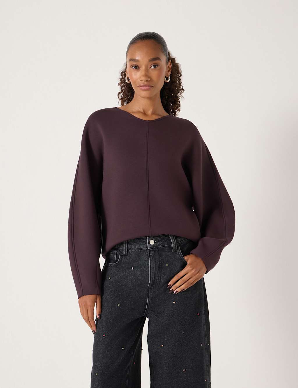 HUSH Textured V-Neck Barrel Sleeve Sweatshirt Plum