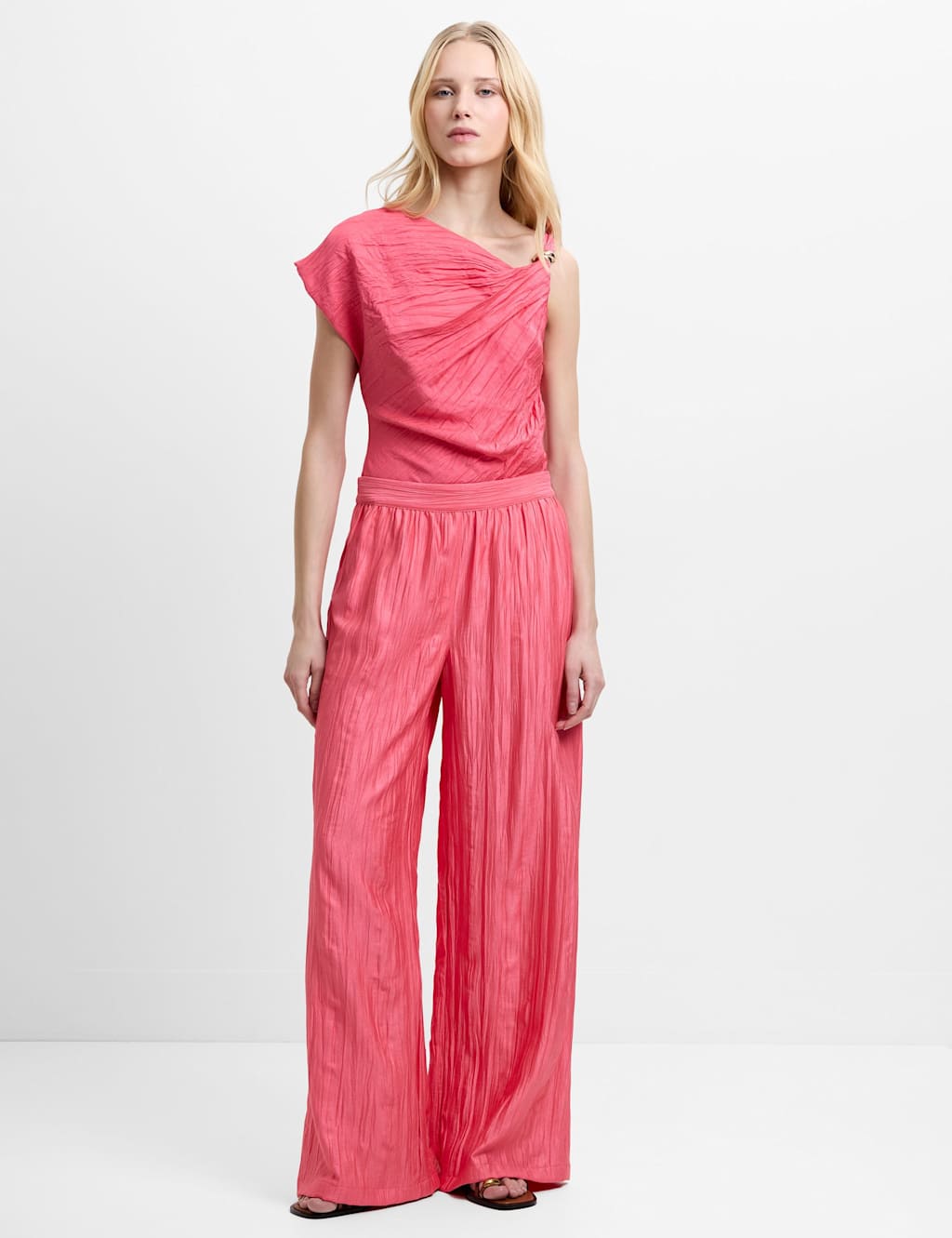 French Connection Women's Crinkle Pull On Wide Leg Trousers - Small - Bright Pink - Available at M&S