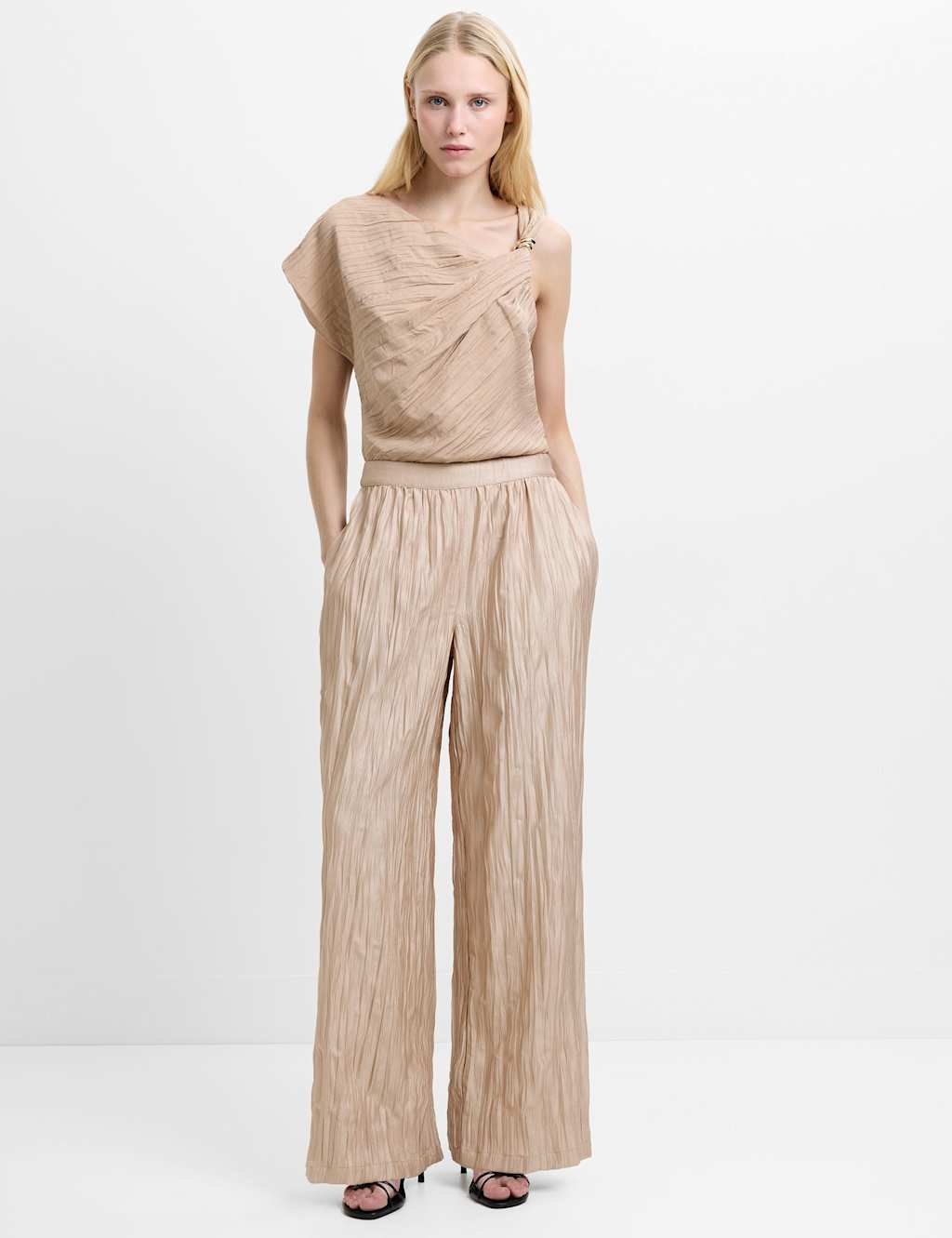 French Connection Women's Crinkle Pull On Wide Leg Trousers - Extra Small - Light Brown - Available at M&S