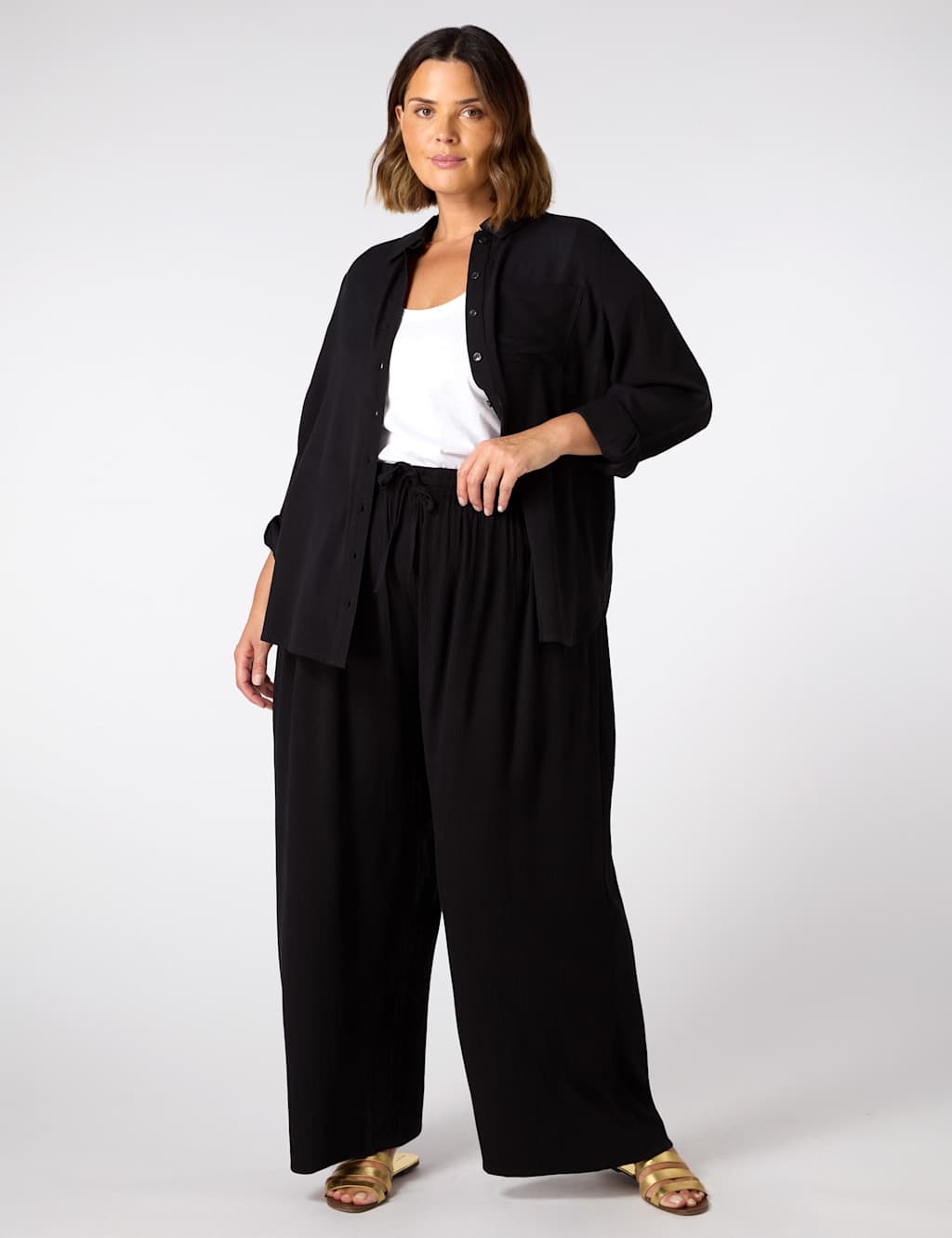 Linen Blend Drawstring Wide Leg Trousers