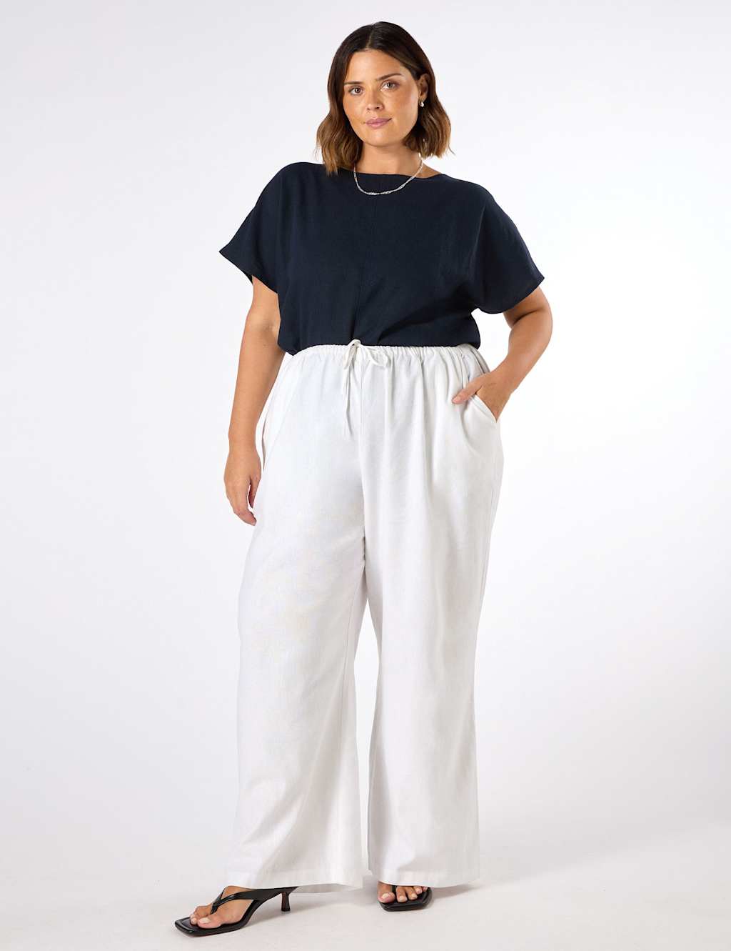 Linen Blend Drawstring Wide Leg Trousers