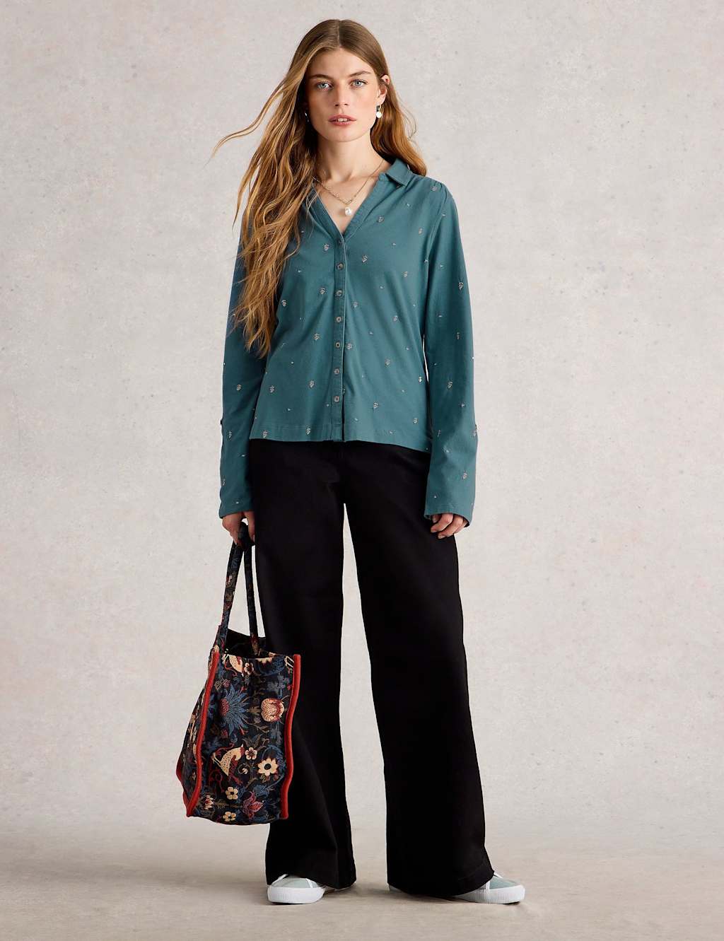 White Stuff Jersey Embroidered Button Through Shirt Blue