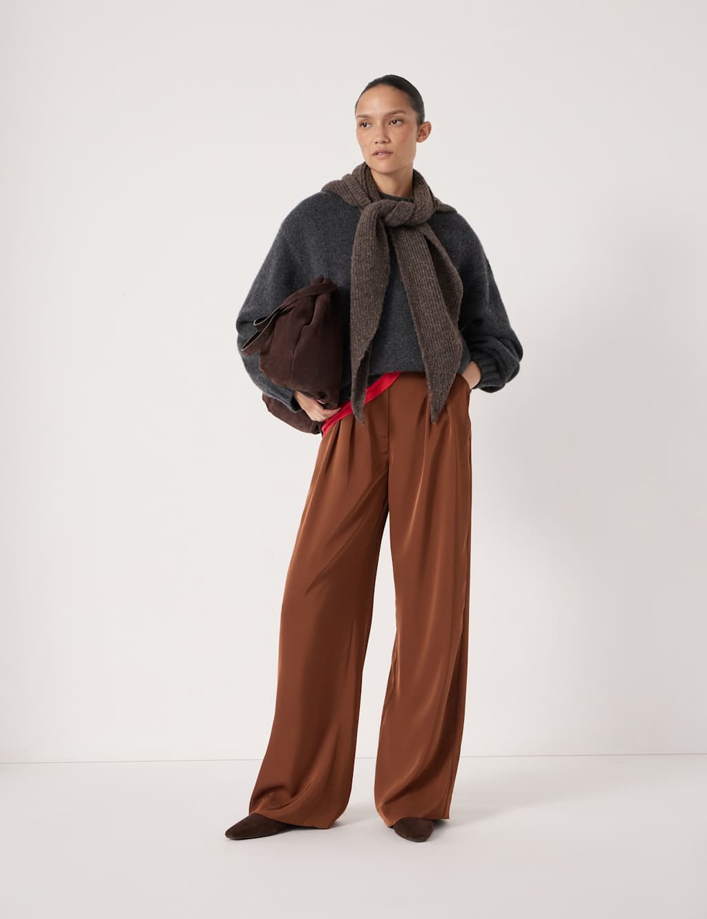 HUSH Satin Twill Pleat Front Wide Leg Trousers Medium Brown