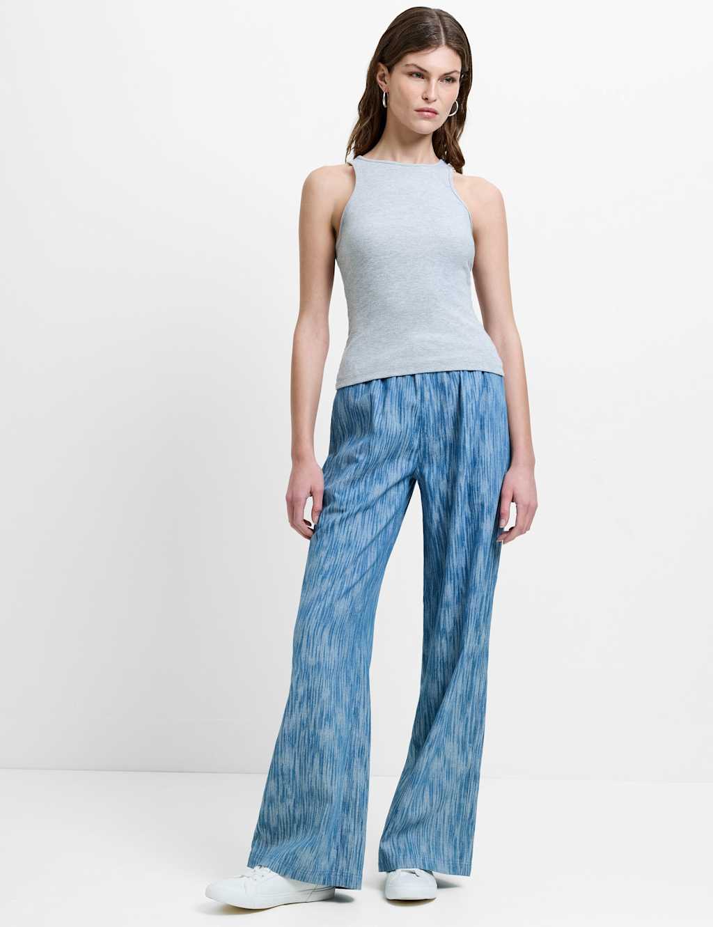 French Connection Women's Cotton Rich Textured Wide Leg Trousers - Small - Denim Mix - Available at M&S