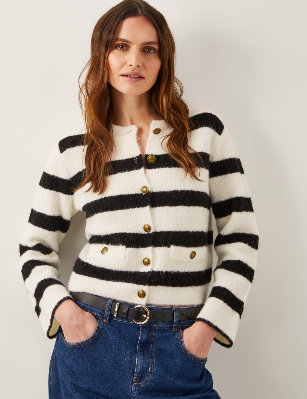 Striped Button Front Cardigan with Wool