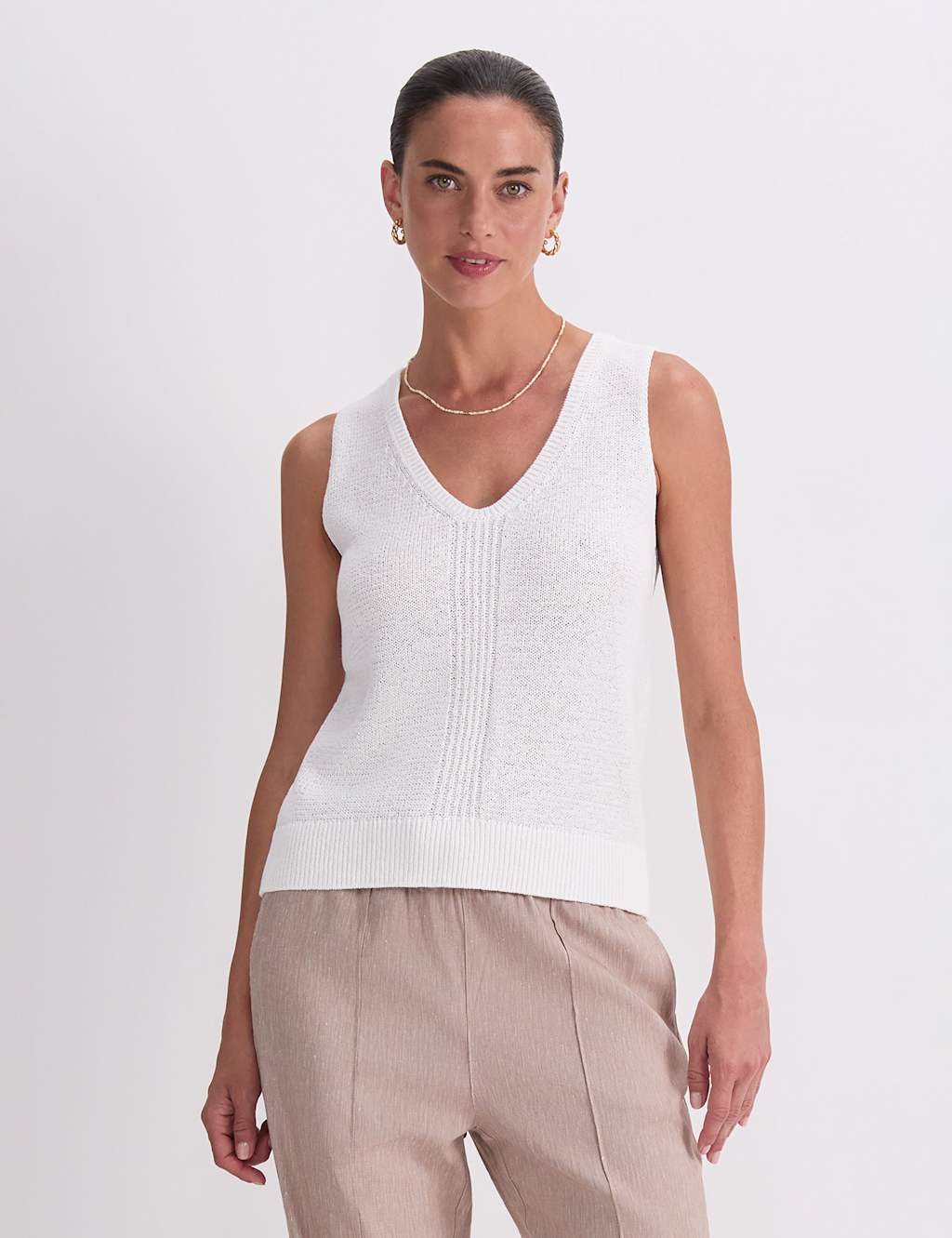 Sportscraft Women's Cotton Blend V-Neck Knitted Vest Top - Small - White - Available at M&S