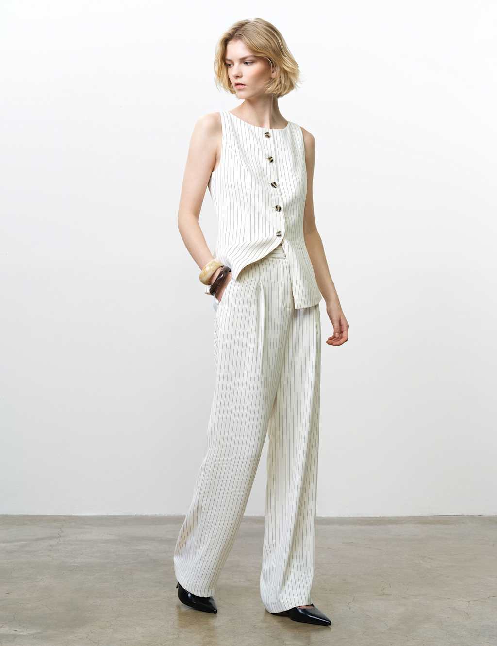 French Connection Women's Pinstripe Pleat Front Wide Leg Trousers - 16 - Cream Mix - Available at M&S