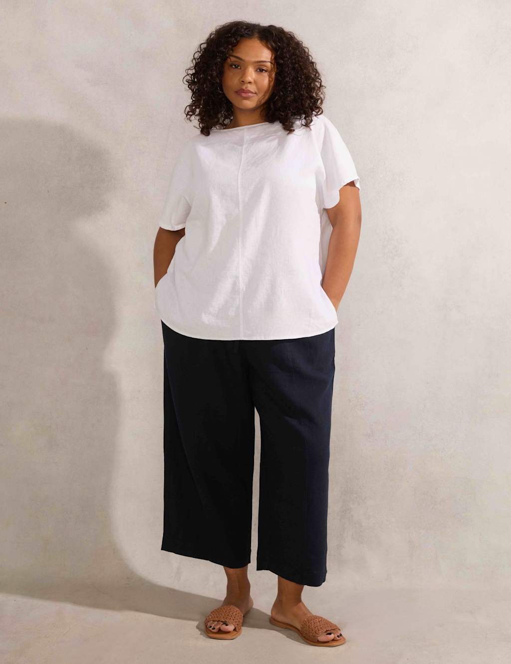 Linen Blend Wide Leg Cropped Trousers