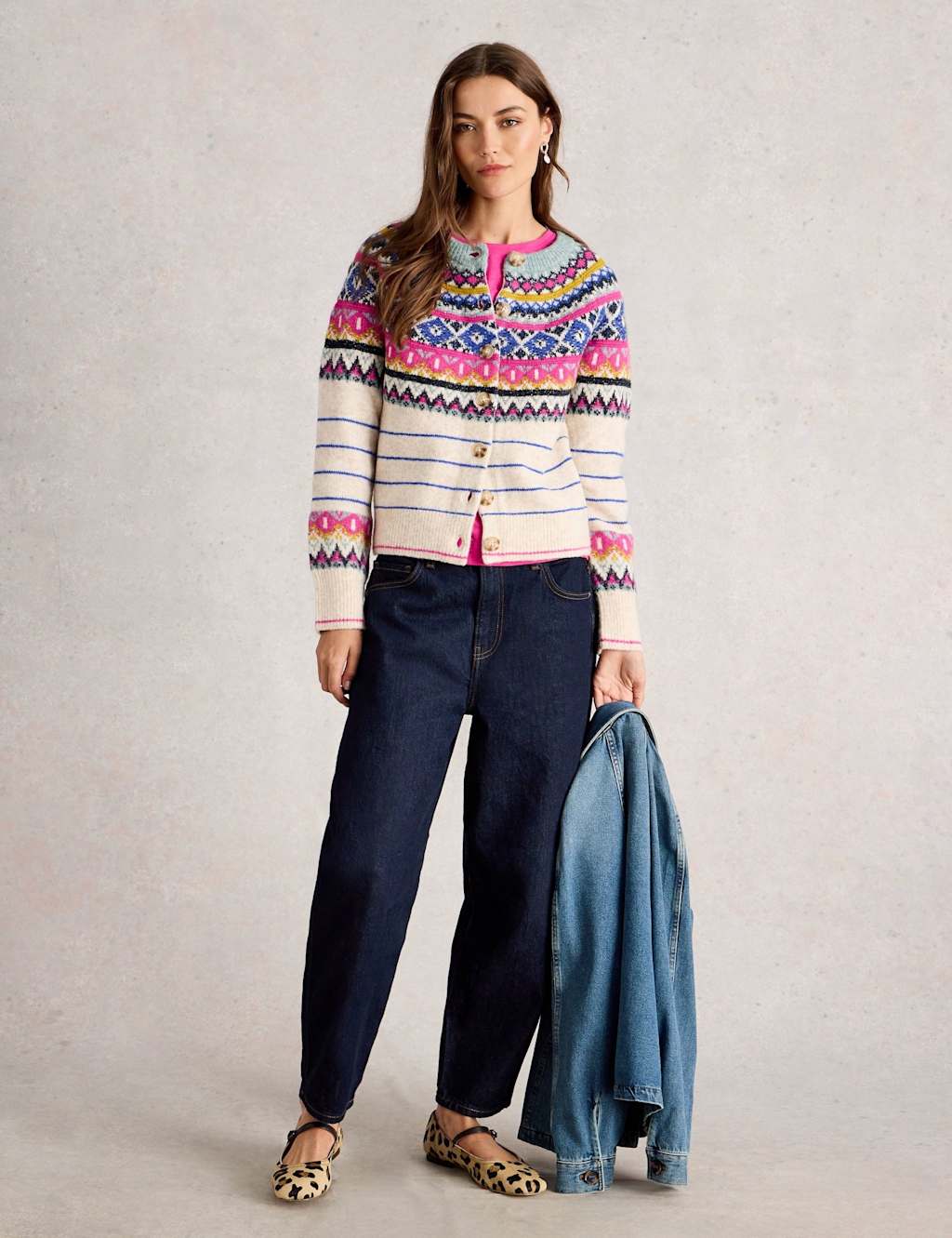 White Stuff Fair Isle Button Front Cardigan with Wool White Mix