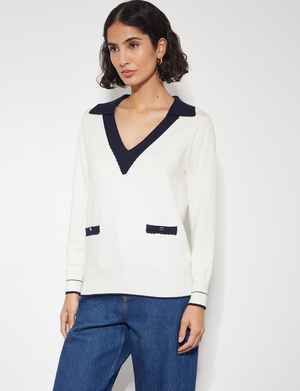 Monsoon Women's Collared V-Neck Button Detail Jumper with Wool - Ivory, Ivory