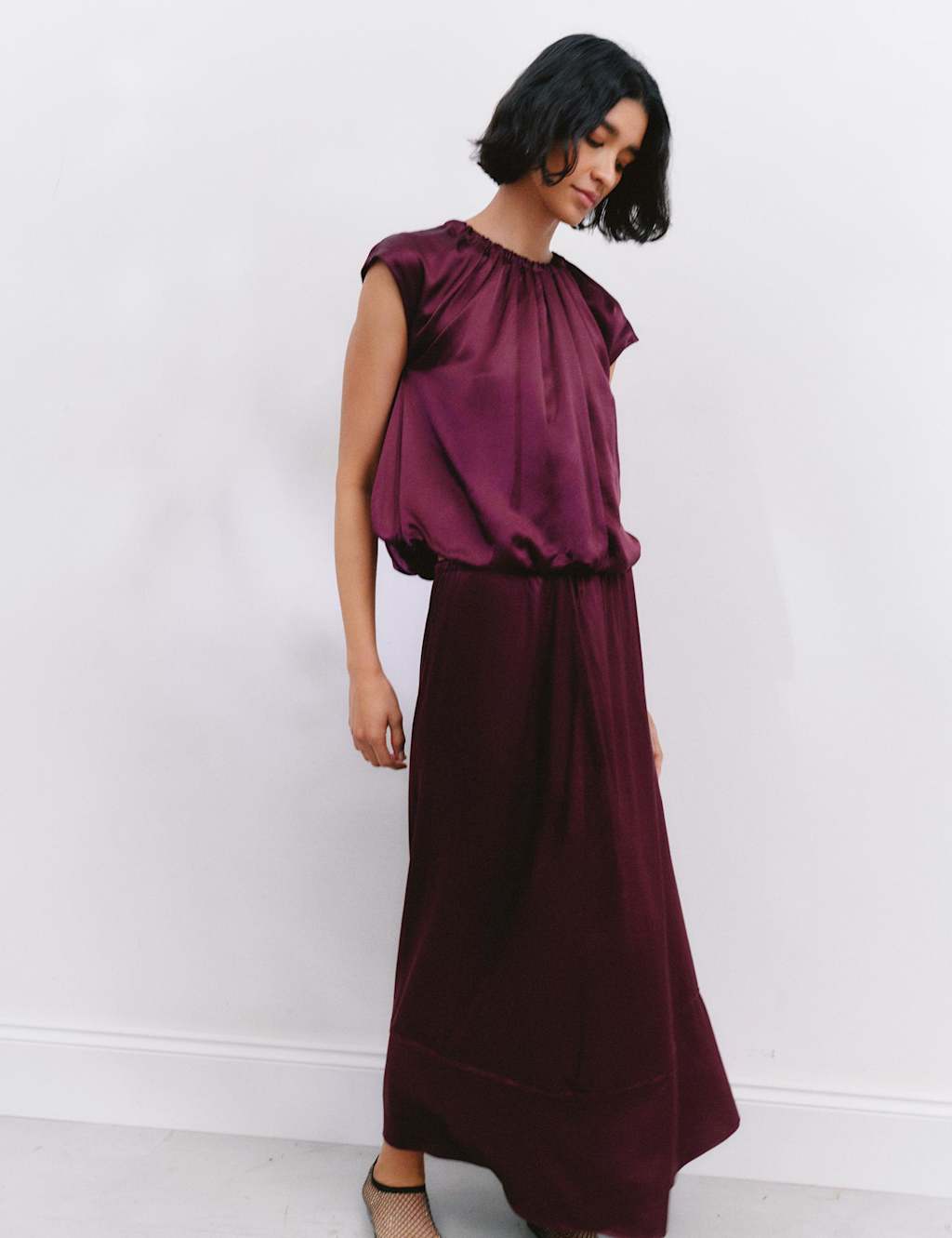 Satin Cap Sleeve Bubble Hem Blouse