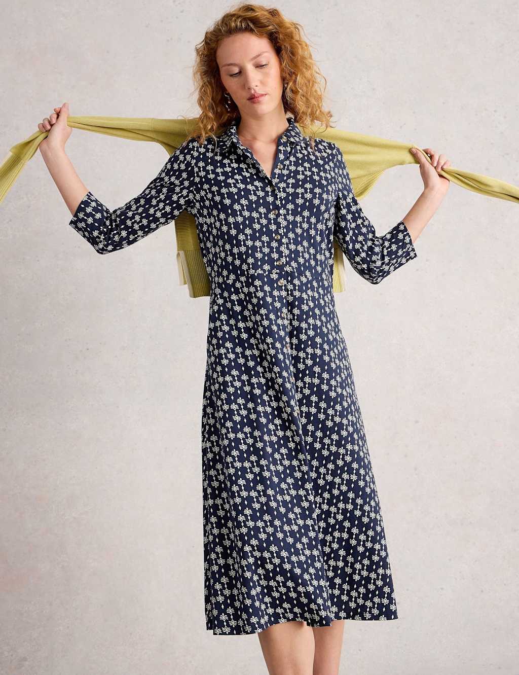White Stuff Cotton Modal Printed Midi Shirt Dress Navy Mix