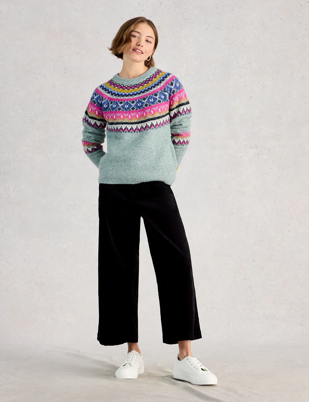 White Stuff Fair Isle Crew Neck Jumper with Wool Teal Mix