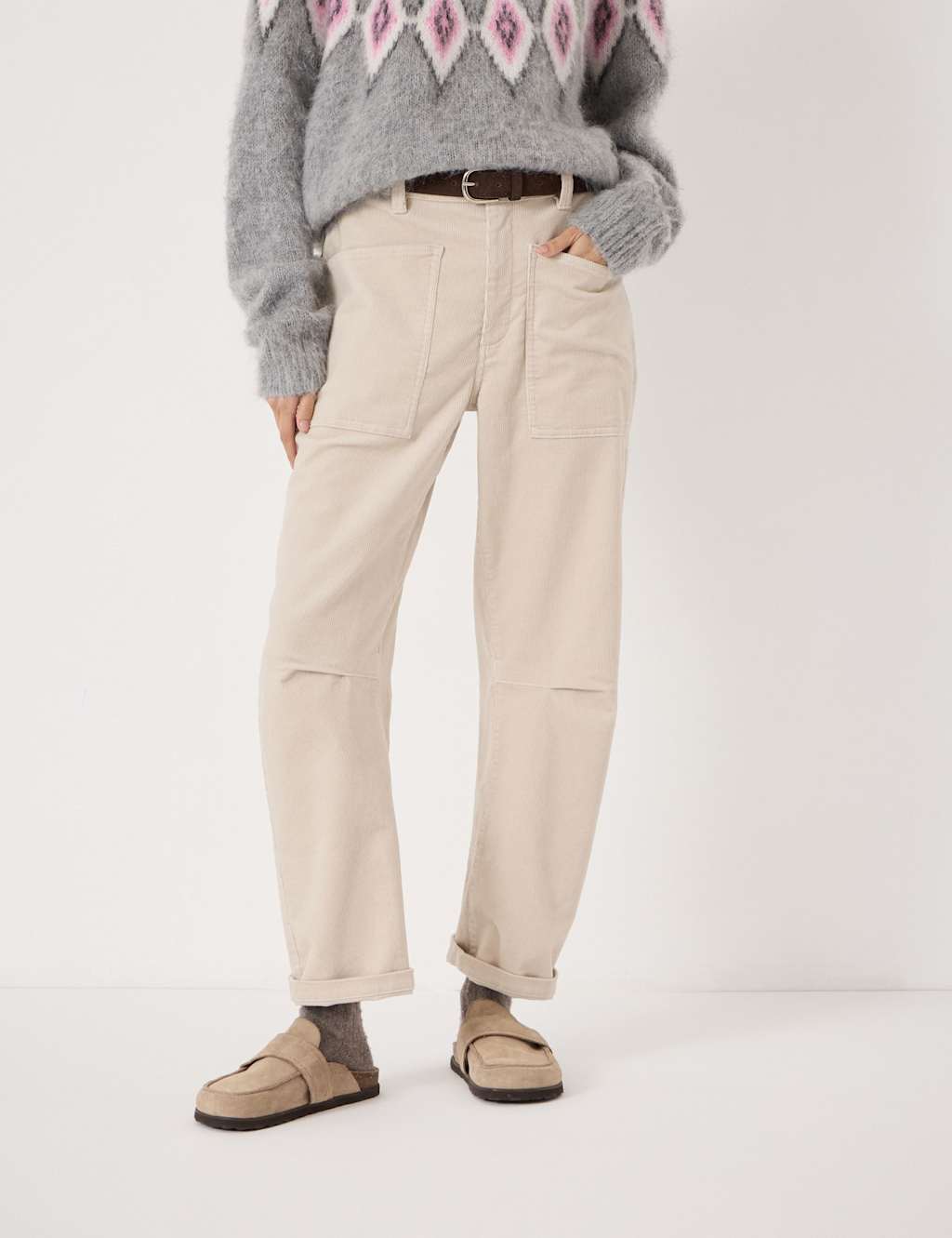 HUSH Cord Barrel Leg Ankle Grazer Trousers Stone