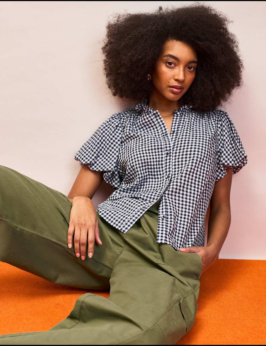 Ro&Zo Women's Gingham Button Through Puff Sleeve Shirt - 8 - Navy Mix - Available at M&S