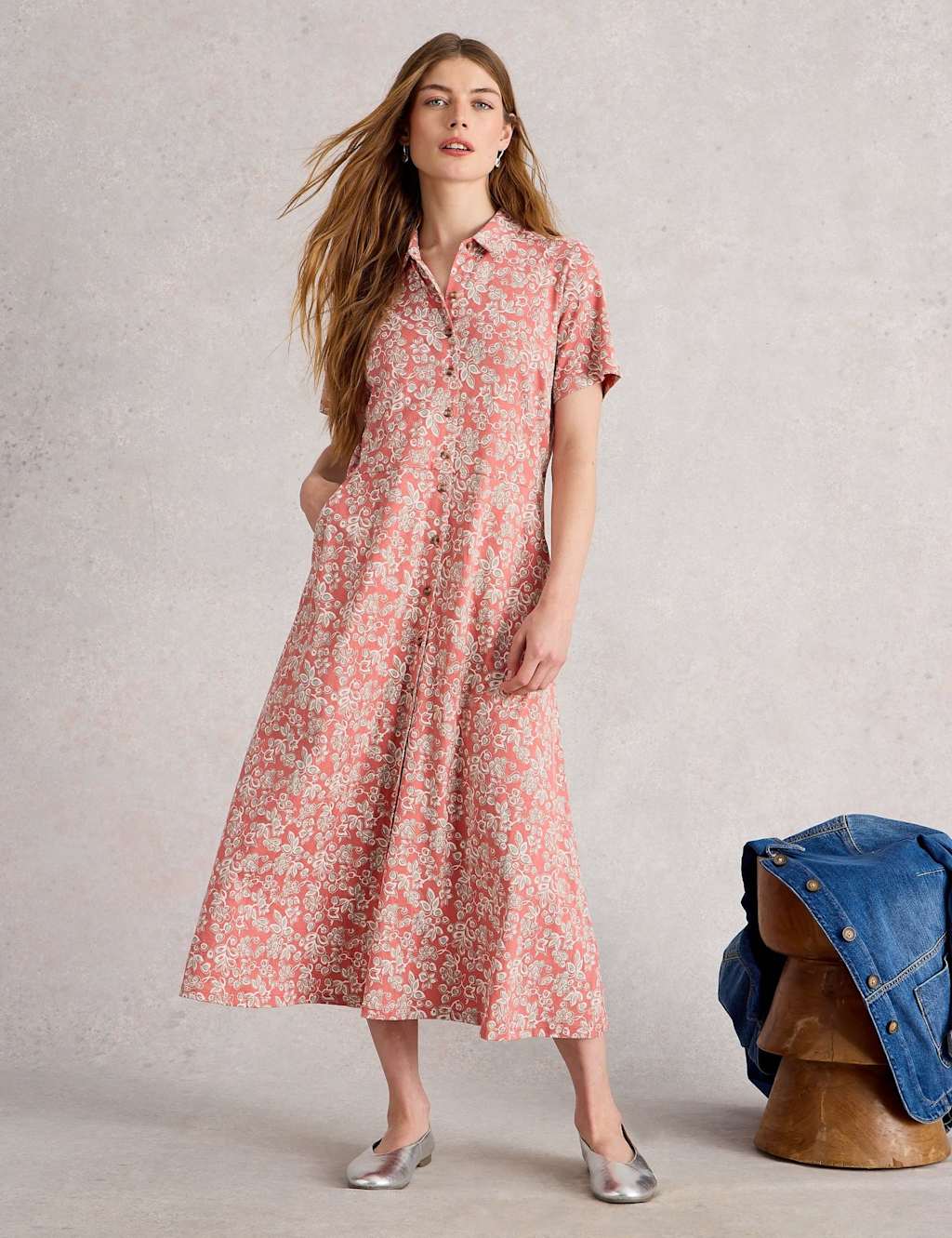White Stuff Jersey Floral Midi Shirt Dress Pink Mix
