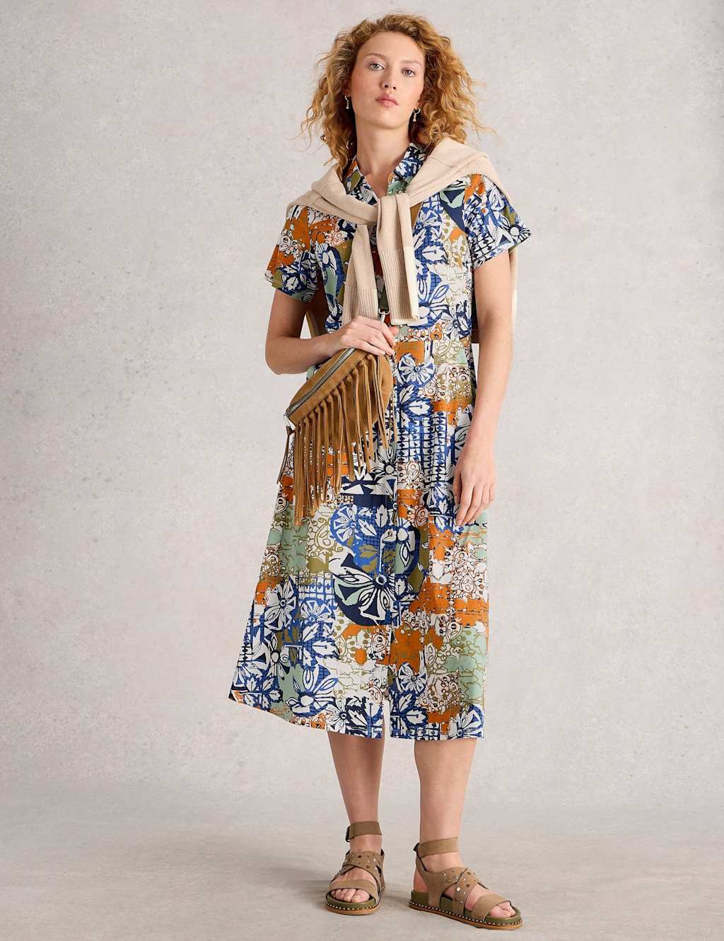 White Stuff Jersey Floral Midi Shirt Dress Orange Mix