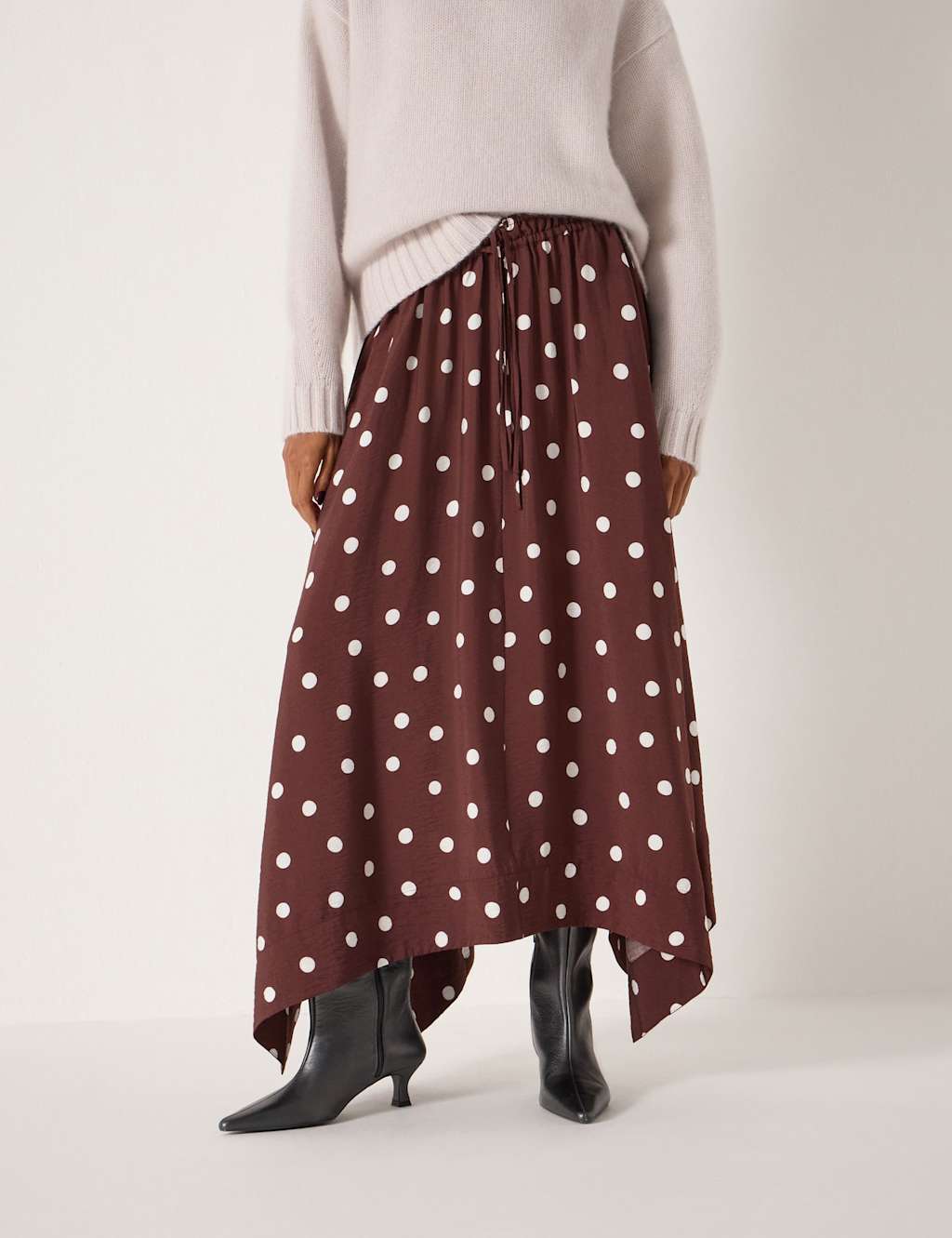HUSH Polka Dot Midaxi Asymmetric Skirt Brown Mix