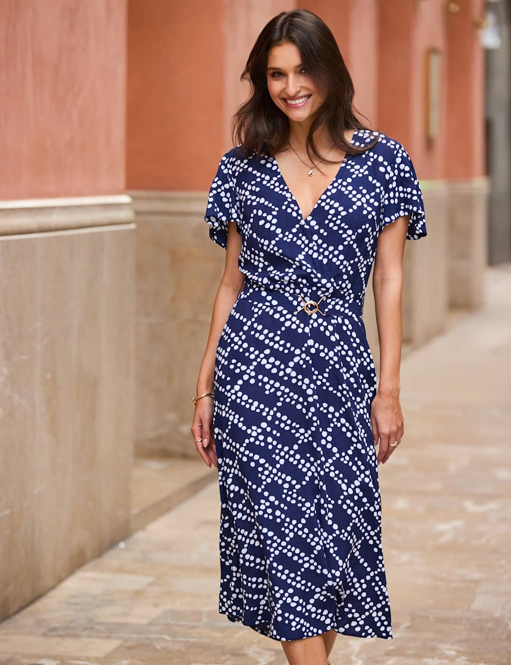 Sosandar Women's Spot Print V-Neck Belted Midi Skater Dress - 14 - Navy Mix - Available at M&S