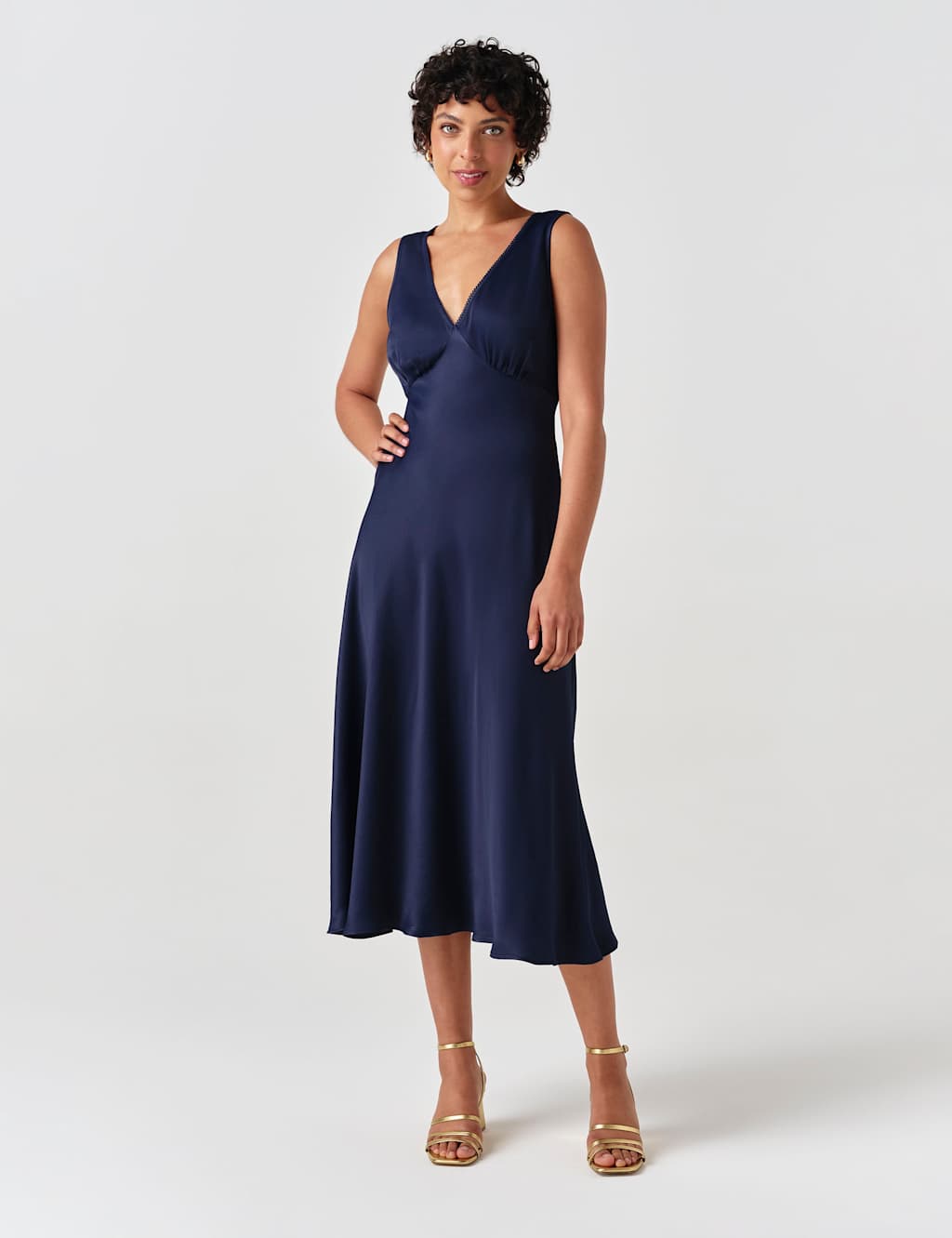 Ghost Women's Satin V-Neck Tie Back Midi Tea Dress - 10 - Navy - Available at M&S