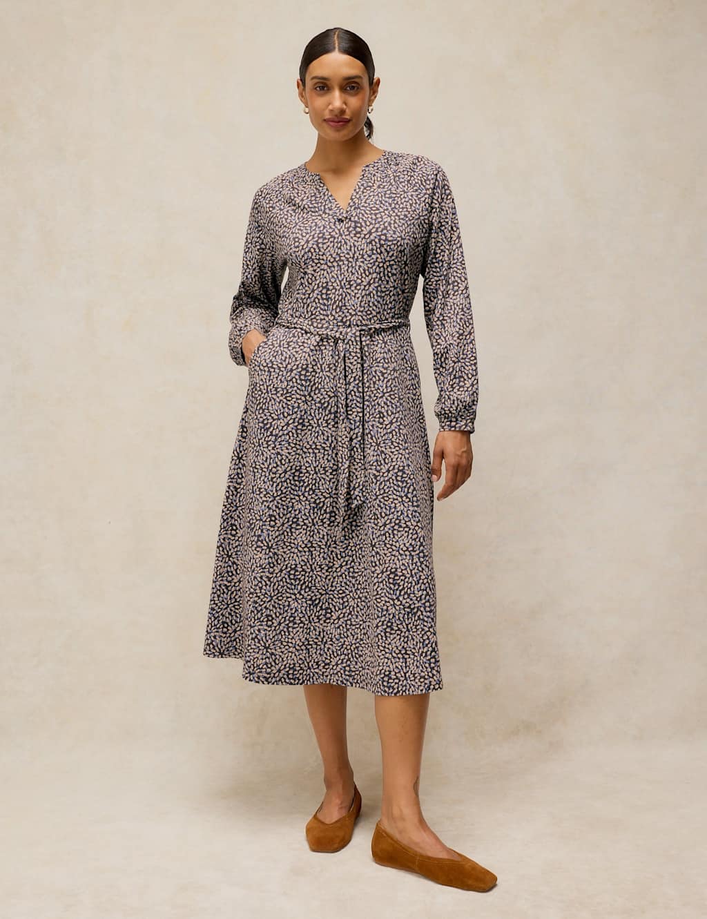 White Stuff Women's Pure Cotton Jersey Printed Midi Waisted Dress - 10 - Pink Mix - Available at M&S
