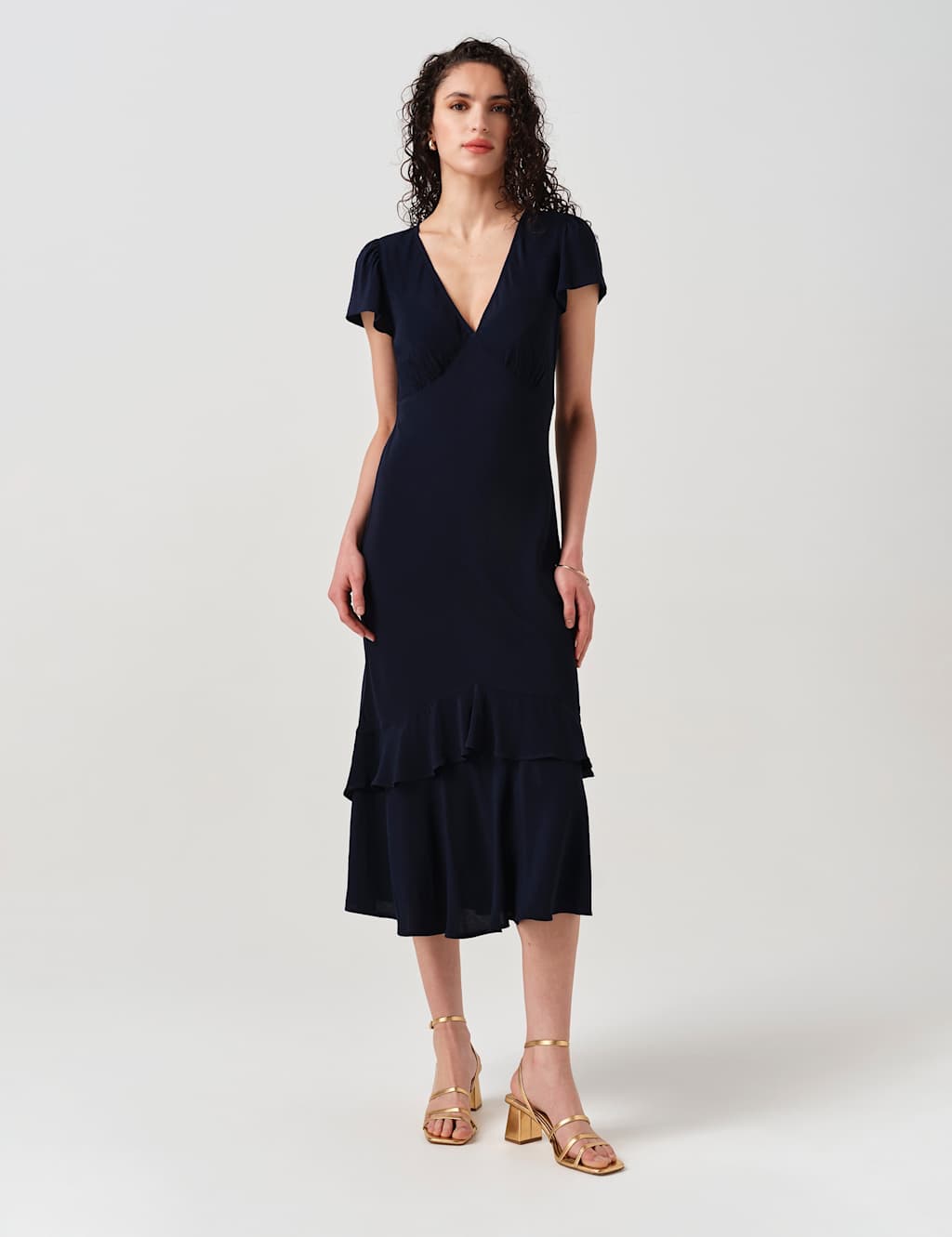 Ghost Women's Crepe V-Neck Midi Tiered Tea Dress - 14 - Navy - Available at M&S
