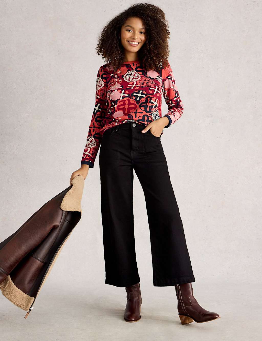 White Stuff Pure Cotton Jersey Printed Crew Neck Top Red Mix